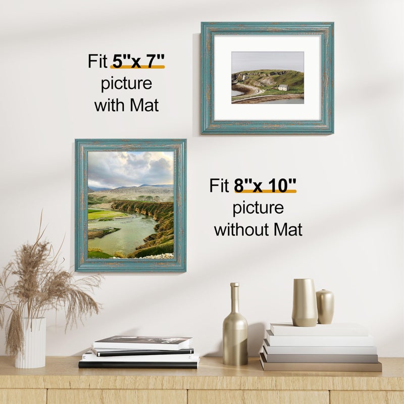Vittanly 8x10 Picture Frames Set of 2, Ornate Vintage Photo Frame for Wall or Tabletop, Display 5x7 Pictures with Mat or 8x10 without Mat, Rustic Blue - Image 3